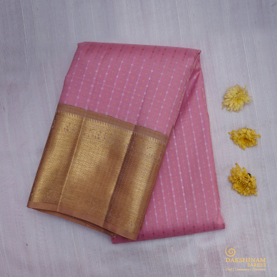 Handwoven Pink with Beige Kanjivaram Silk Saree - 1885T008680DSC