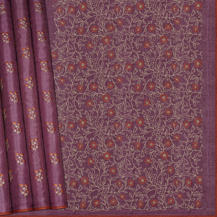 Handwoven Lavender with Orange Embroidered Tussar Silk Saree - 2407T007246DSC