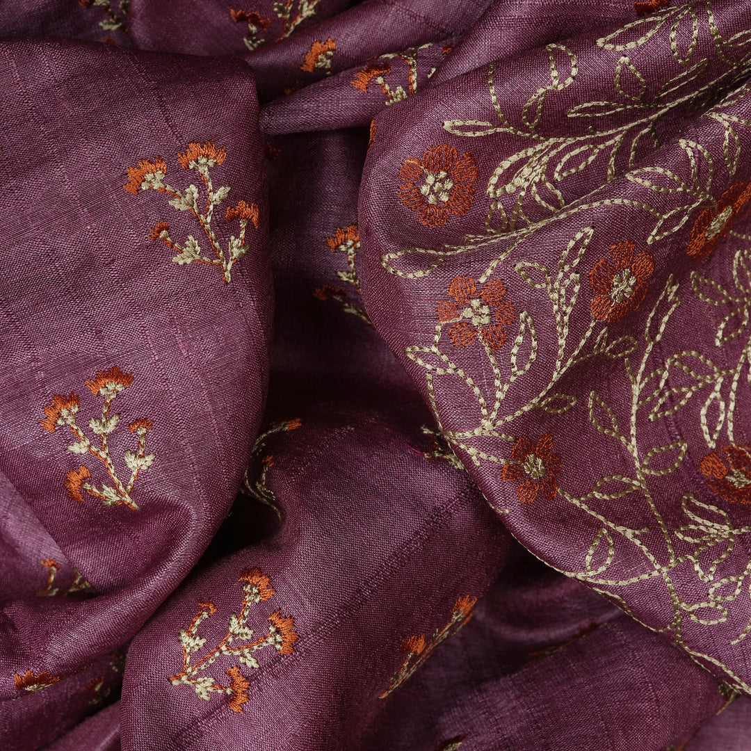 Handwoven Lavender with Orange Embroidered Tussar Silk Saree - 2407T007246DSC