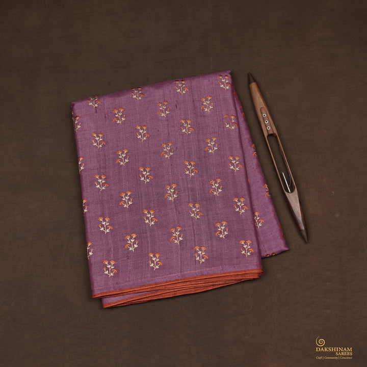 Handwoven Lavender with Orange Embroidered Tussar Silk Saree - 2407T007246DSC