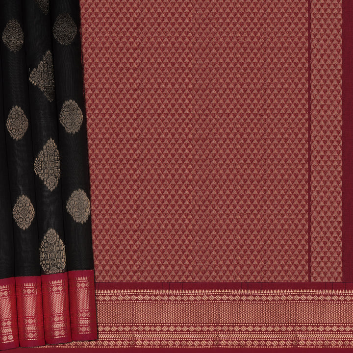 Handwoven Black with Maroon Silk Cotton Saree - 2432T011207DSC