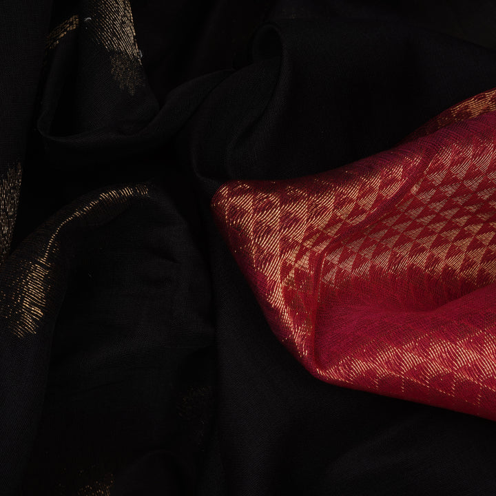 Handwoven Black with Maroon Silk Cotton Saree - 2432T011207DSC