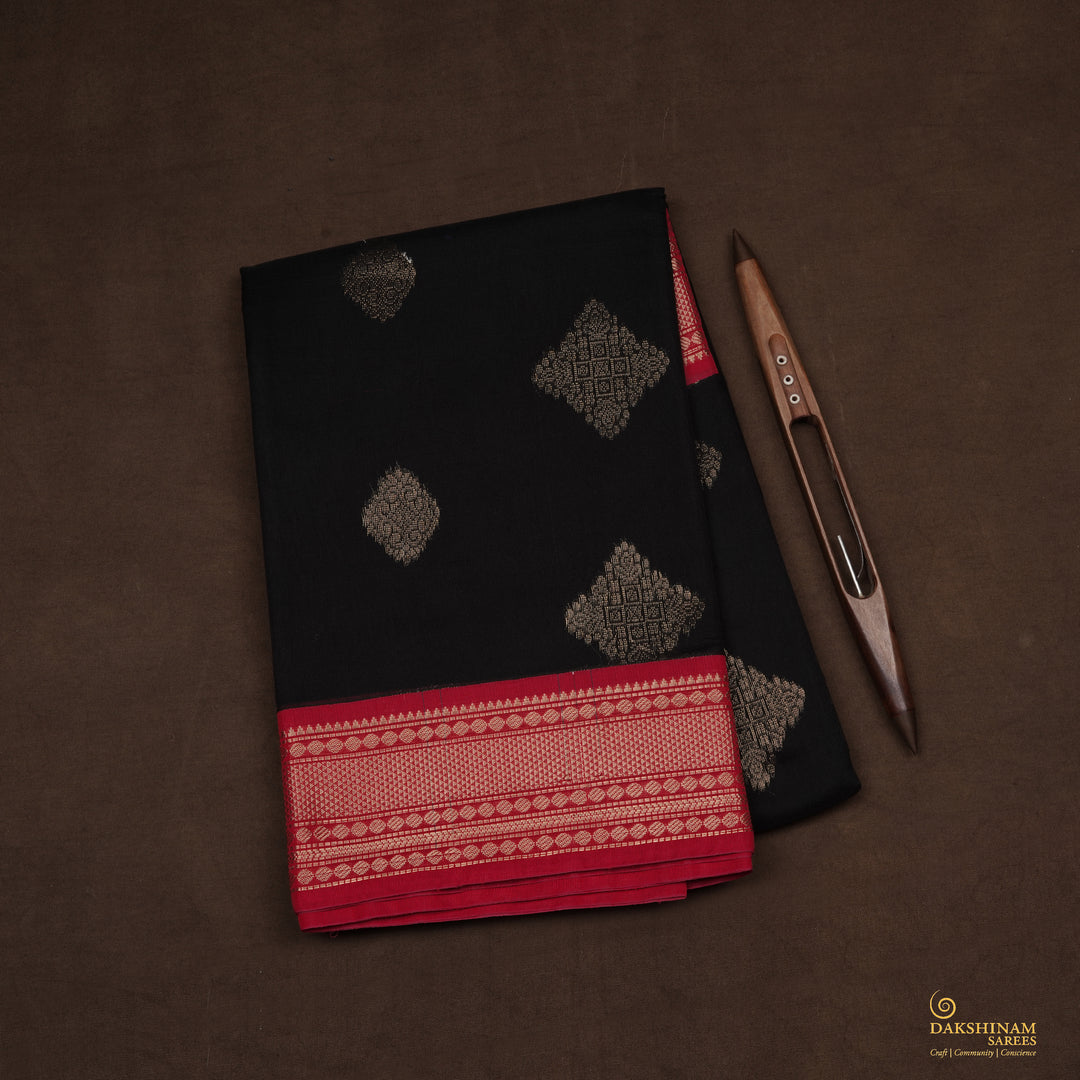Handwoven Black with Maroon Silk Cotton Saree - 2432T011207DSC