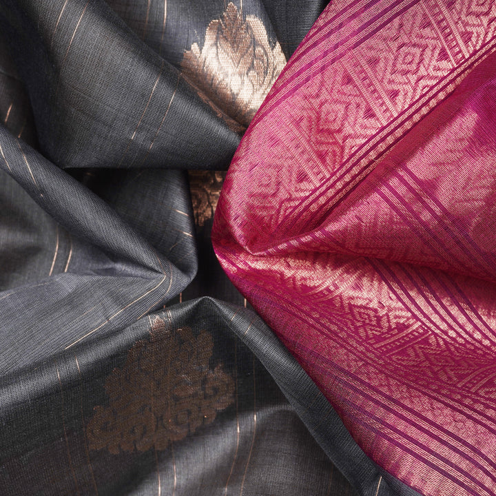 Handwoven Grey with Magenta Silk Cotton Saree - 2435T011304DSC