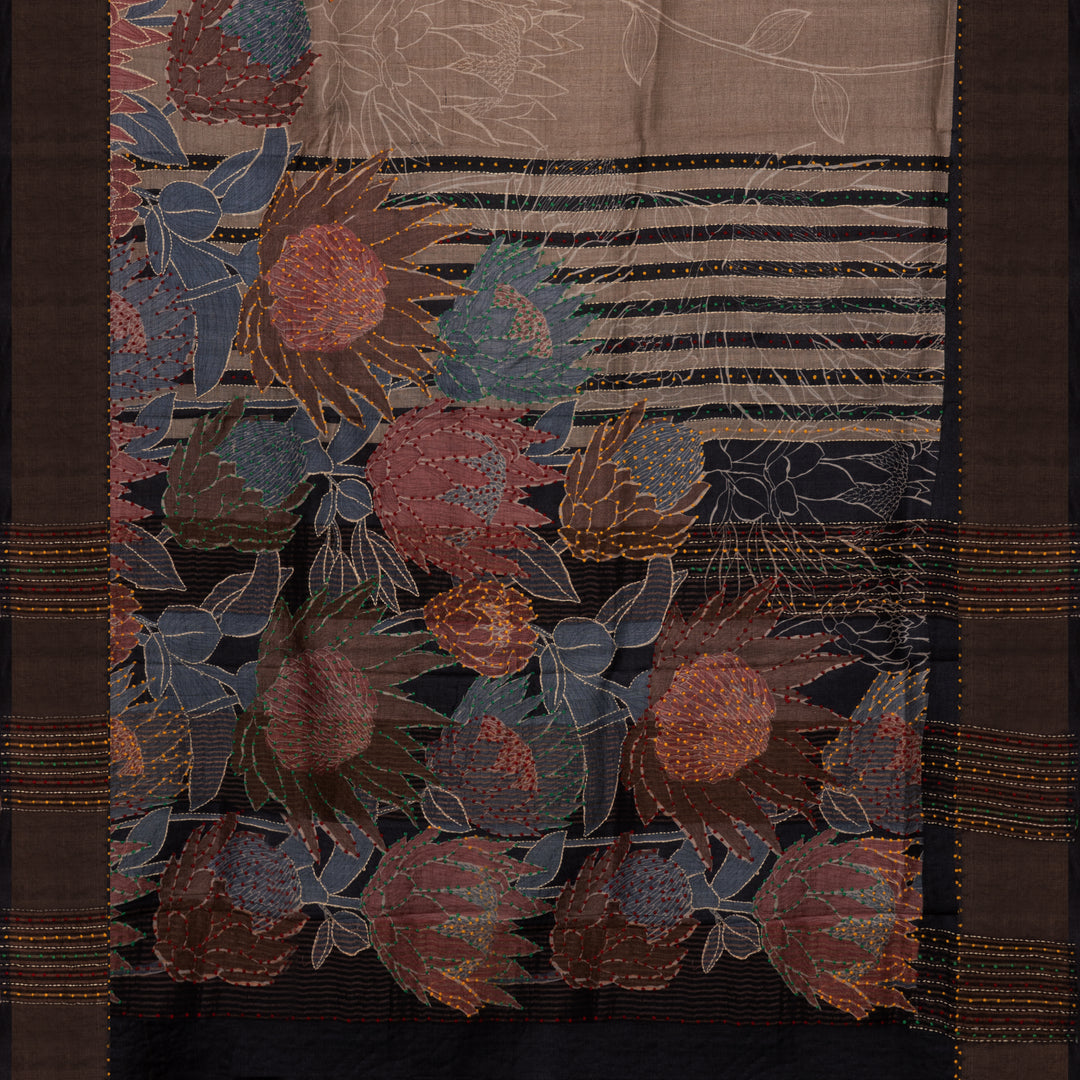 Handwoven Beige with Black Tussar Silk Saree - 2575N032528DSC