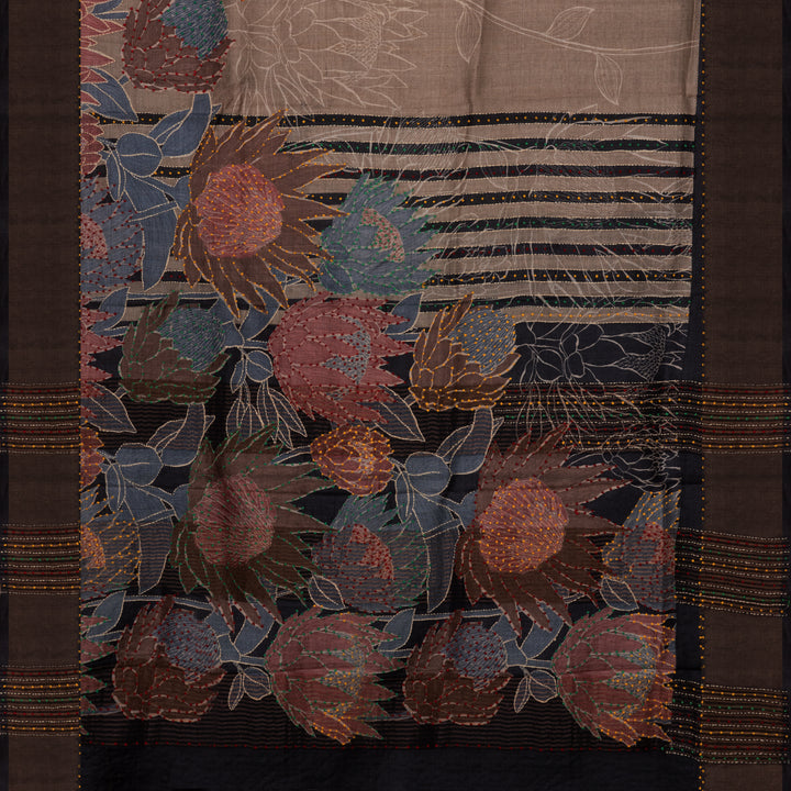 Handwoven Beige with Black Tussar Silk Saree - 2575N032528DSC
