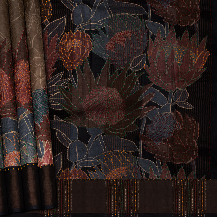 Handwoven Beige with Black Tussar Silk Saree - 2575N032528DSC