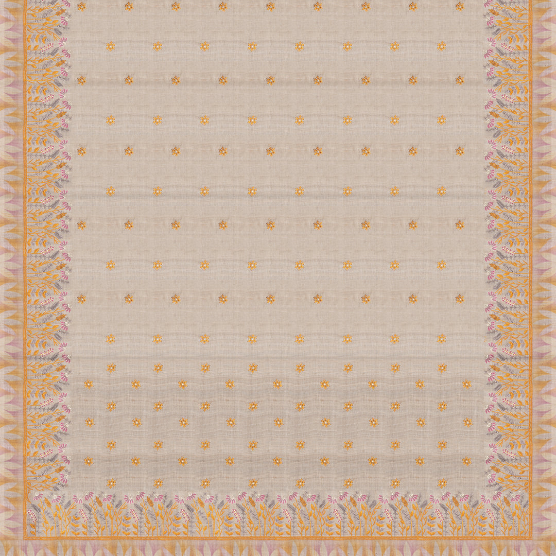 Handwoven Beige Embroidered Tussar Silk Saree - 2544T012659DSC