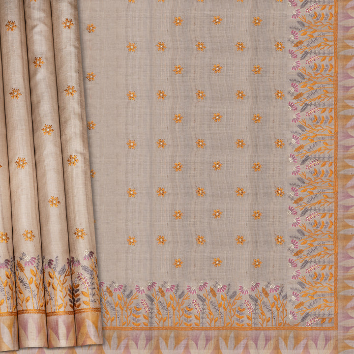 Handwoven Beige Embroidered Tussar Silk Saree - 2544T012659DSC