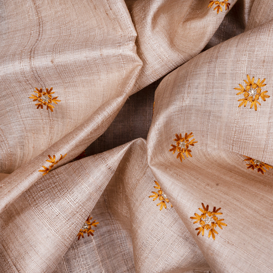 Handwoven Beige Embroidered Tussar Silk Saree - 2544T012659DSC