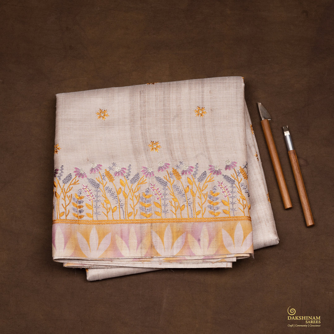 Handwoven Beige Embroidered Tussar Silk Saree - 2544T012659DSC