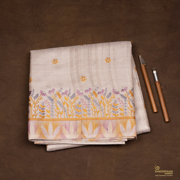 Handwoven Beige Embroidered Tussar Silk Saree - 2544T012659DSC