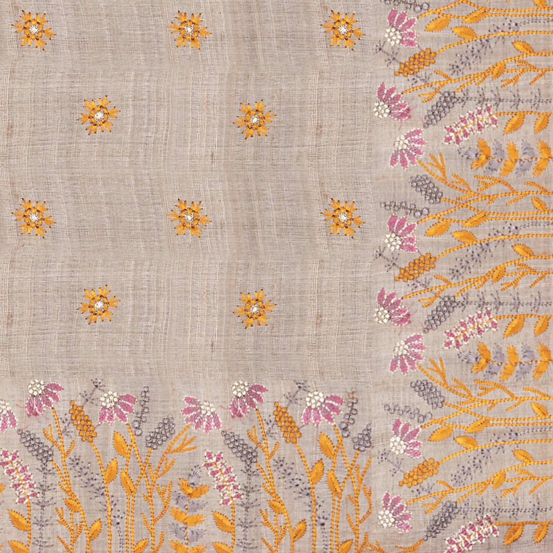 Handwoven Beige Embroidered Tussar Silk Saree - 2544T012659DSC