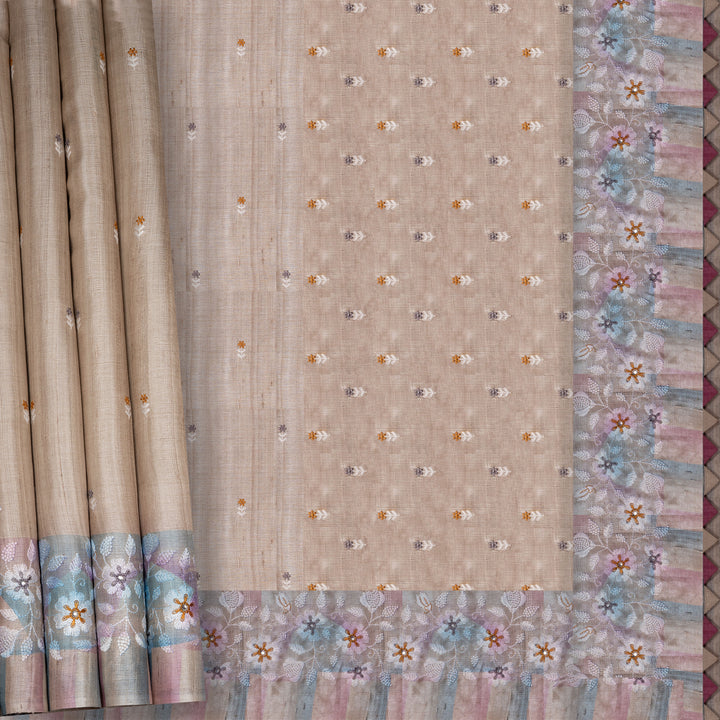 Handwoven Off-white Tussar Silk Saree - 2570T012650DSC
