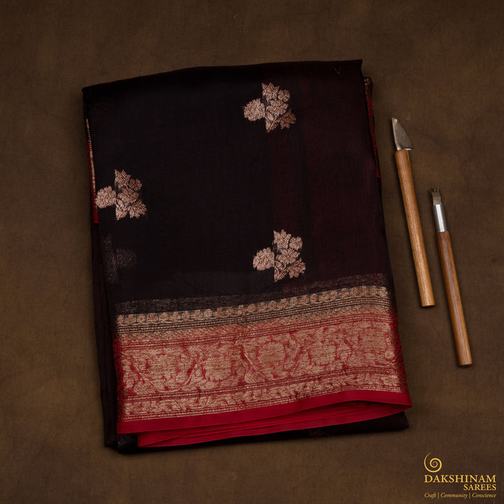 Handwoven Black with Red Banarasi Organza Silk Saree - 2602N034016DSC