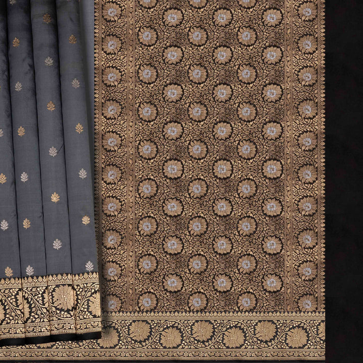 Handwoven Grey with Black Banarasi Katan Silk Saree - 2619N025023DSC