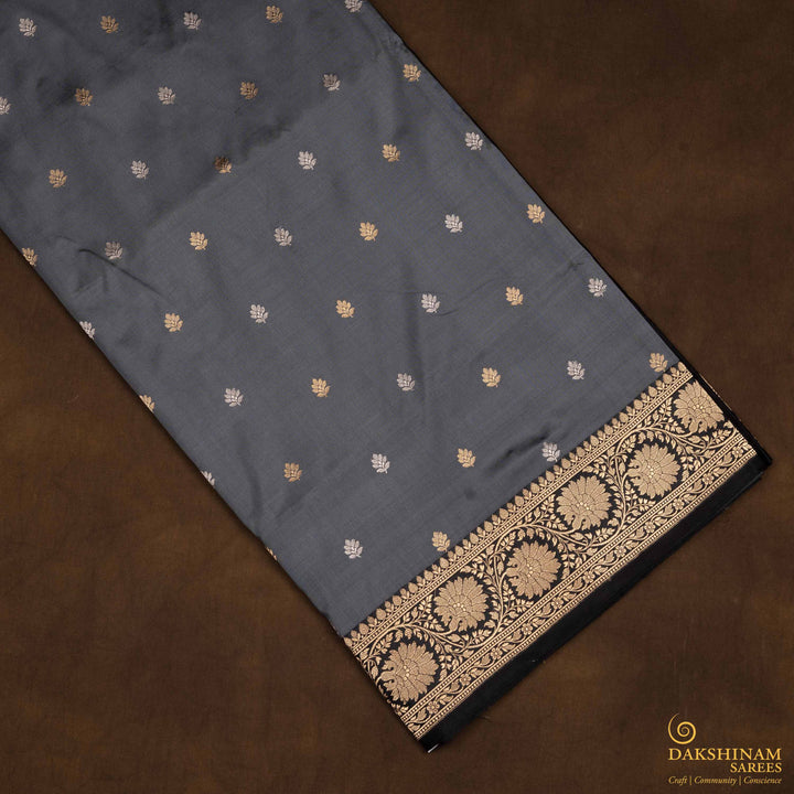 Handwoven Grey with Black Banarasi Katan Silk Saree - 2619N025023DSC
