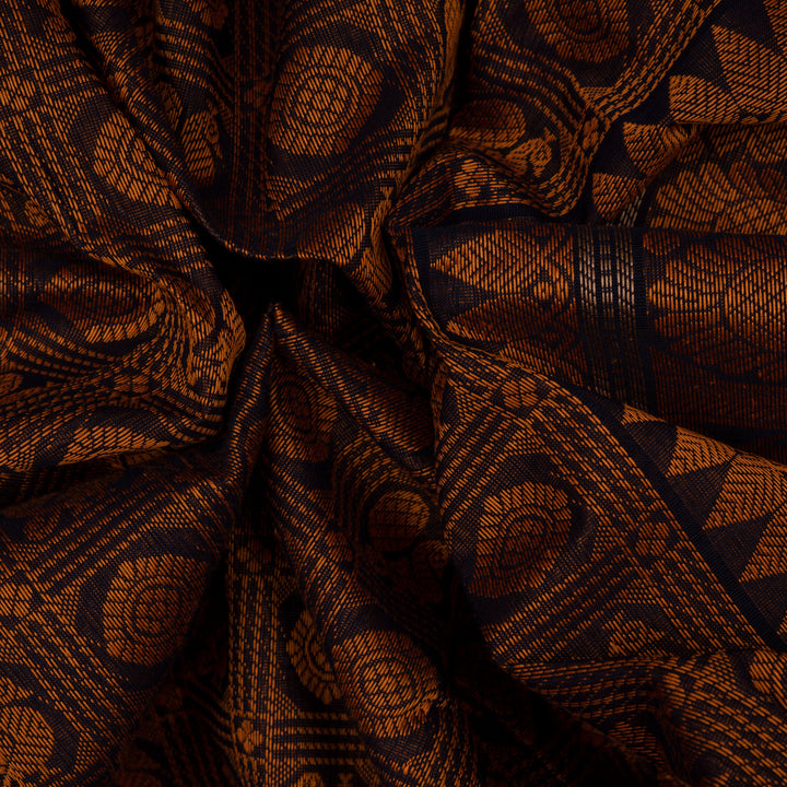 Brown Kanchi cotton saree with annam and chakram checks, maroon border and detailed pallu with matching blouse
