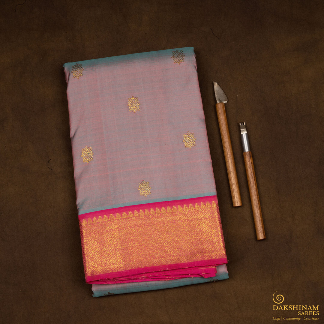 Handwoven Blue with Pink Kanjivaram Silk Saree - 2671T012539DSC