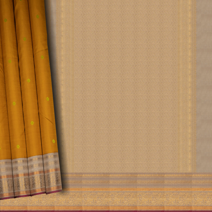 Handwoven Yellow with Beige Kanjivaram Silk Saree - 2681T013042DSC