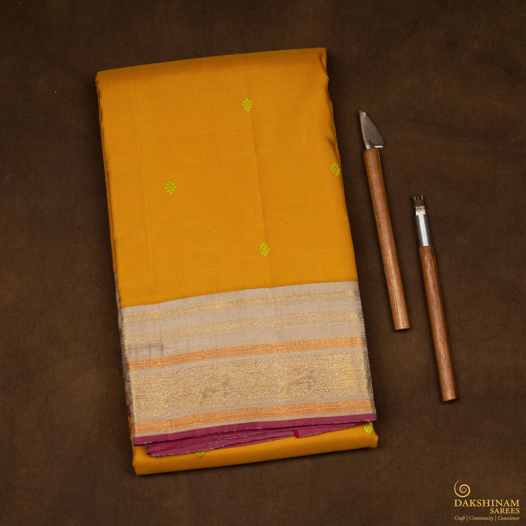 Handwoven Yellow with Beige Kanjivaram Silk Saree - 2681T013042DSC