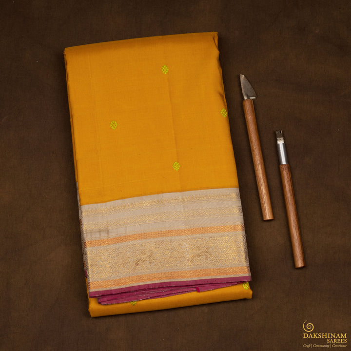 Handwoven Yellow with Beige Kanjivaram Silk Saree - 2681T013042DSC