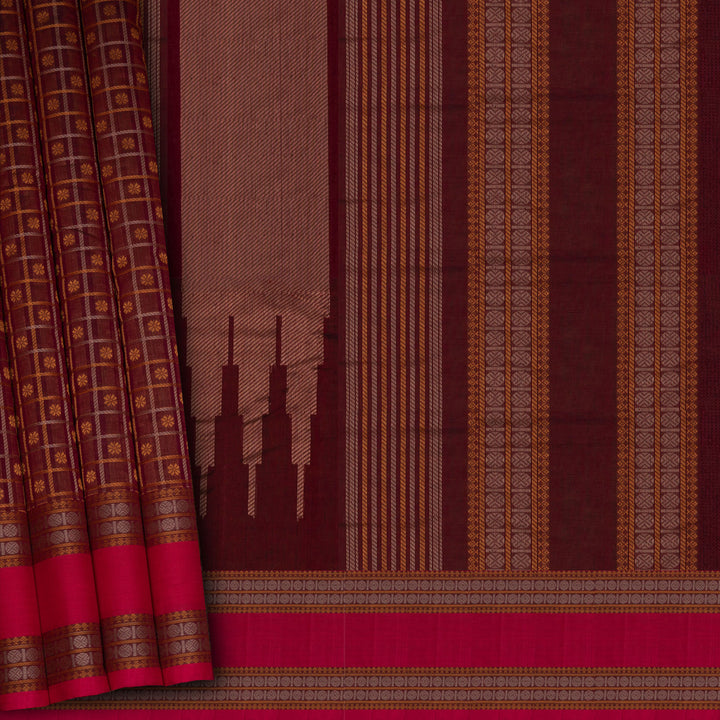 Handwoven Maroon with Peach Pink Kanjivaram Cotton Saree - 2748T013317DSC