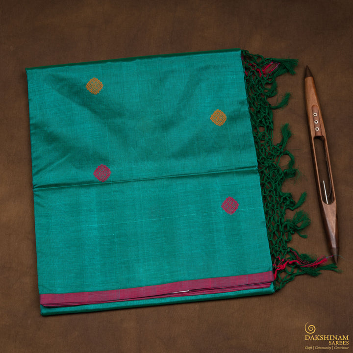 Handwoven Green with Pink Kanjivaram Silk Cotton Saree - 2751T013328DSC