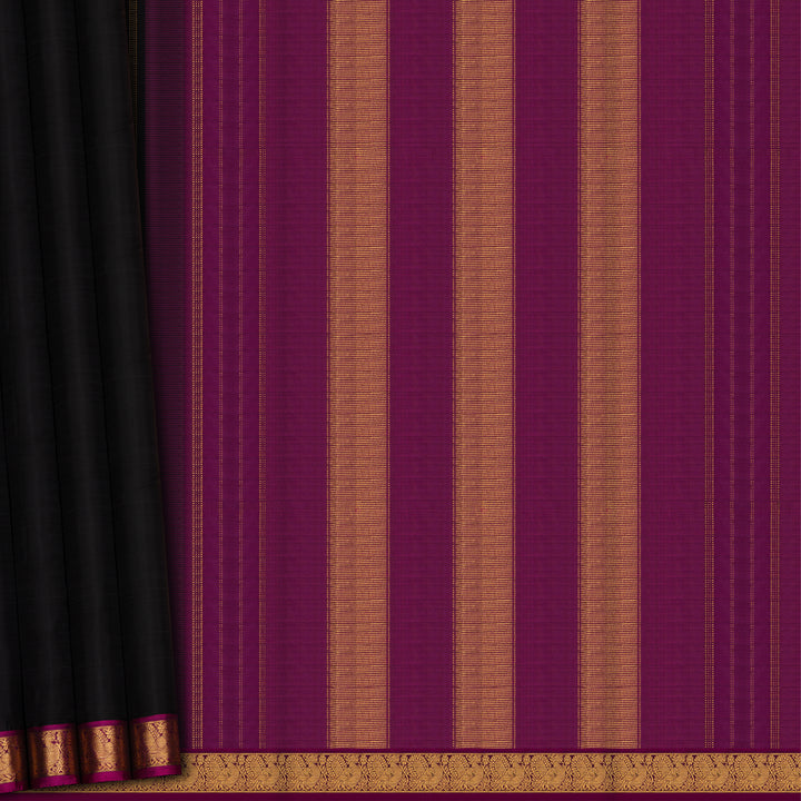 Handwoven Black with Magenta Kanjivaram Silk Saree - 2766T013034DSC