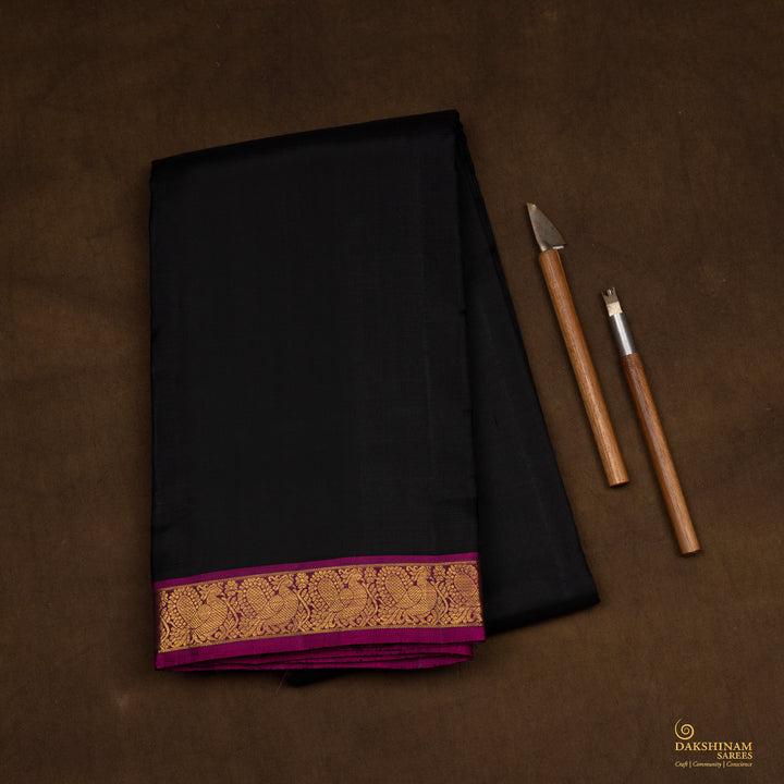 Handwoven Black with Magenta Kanjivaram Silk Saree - 2766T013034DSC