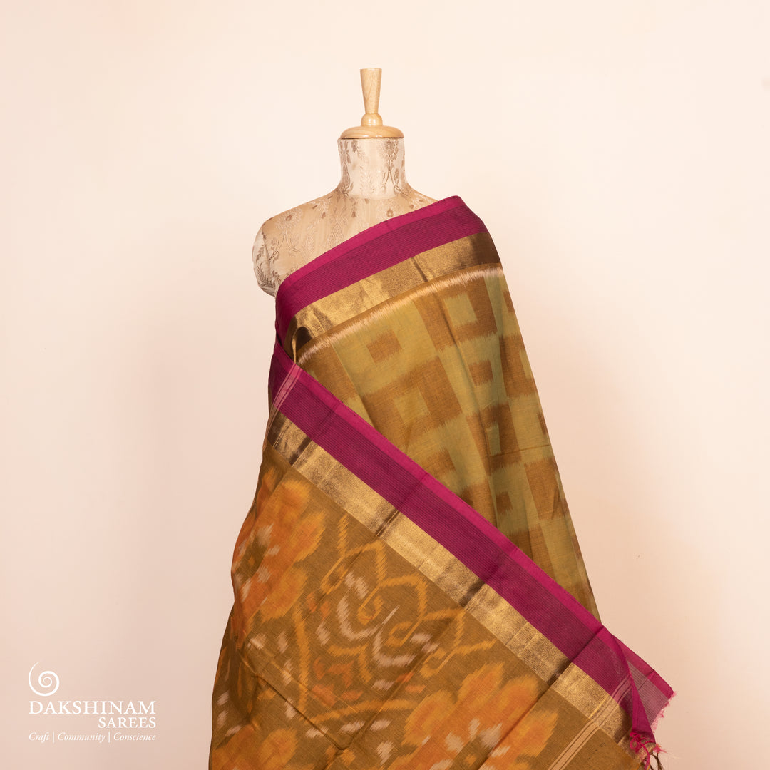 Pleats/body of  Handwoven Ikat Cotton Saree