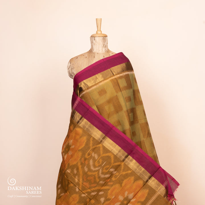 Pleats/body of  Handwoven Ikat Cotton Saree