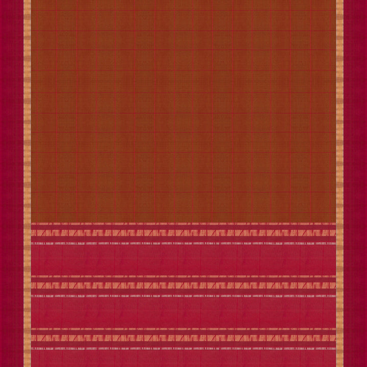 Body and Pallu closeup view of a Lightweight rust orange silk cotton saree with pink gold-silver zari border.