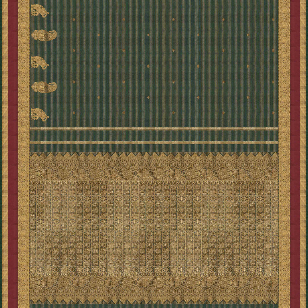 Pallu of Handwoven Green with maroon Kanjivaram silk Saree
