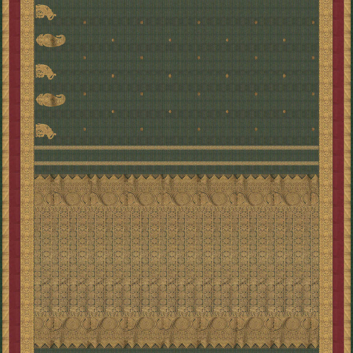 Pallu of Handwoven Green with maroon Kanjivaram silk Saree