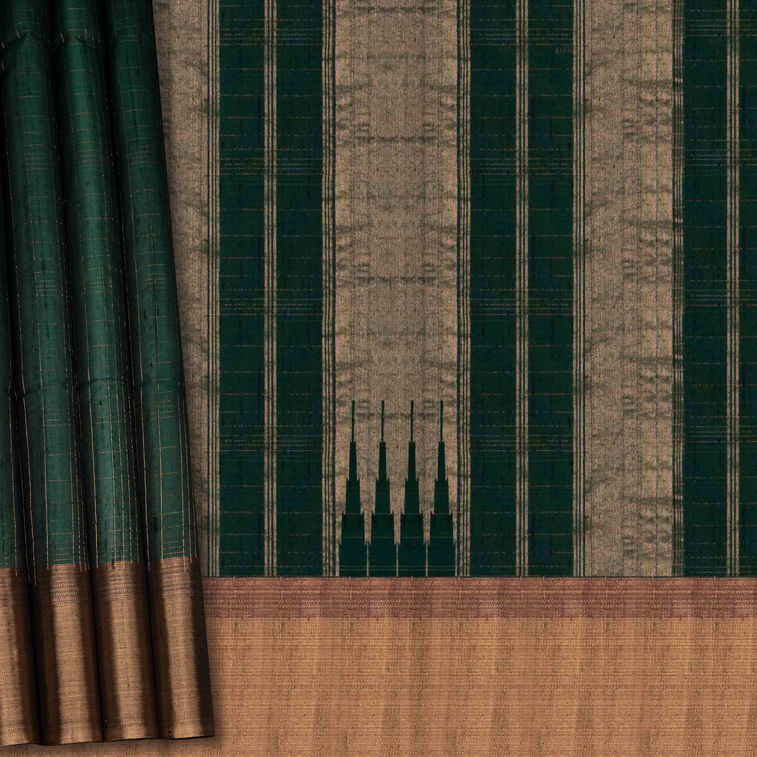 Textured fabric with green and brown stripes and a gold border.