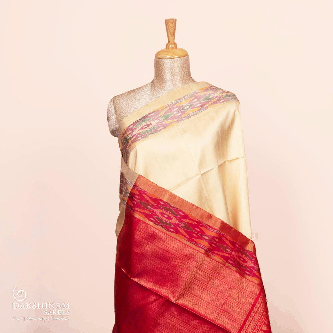 Pleats/body of  Handwoven Ikat Dupion Silk Saree
