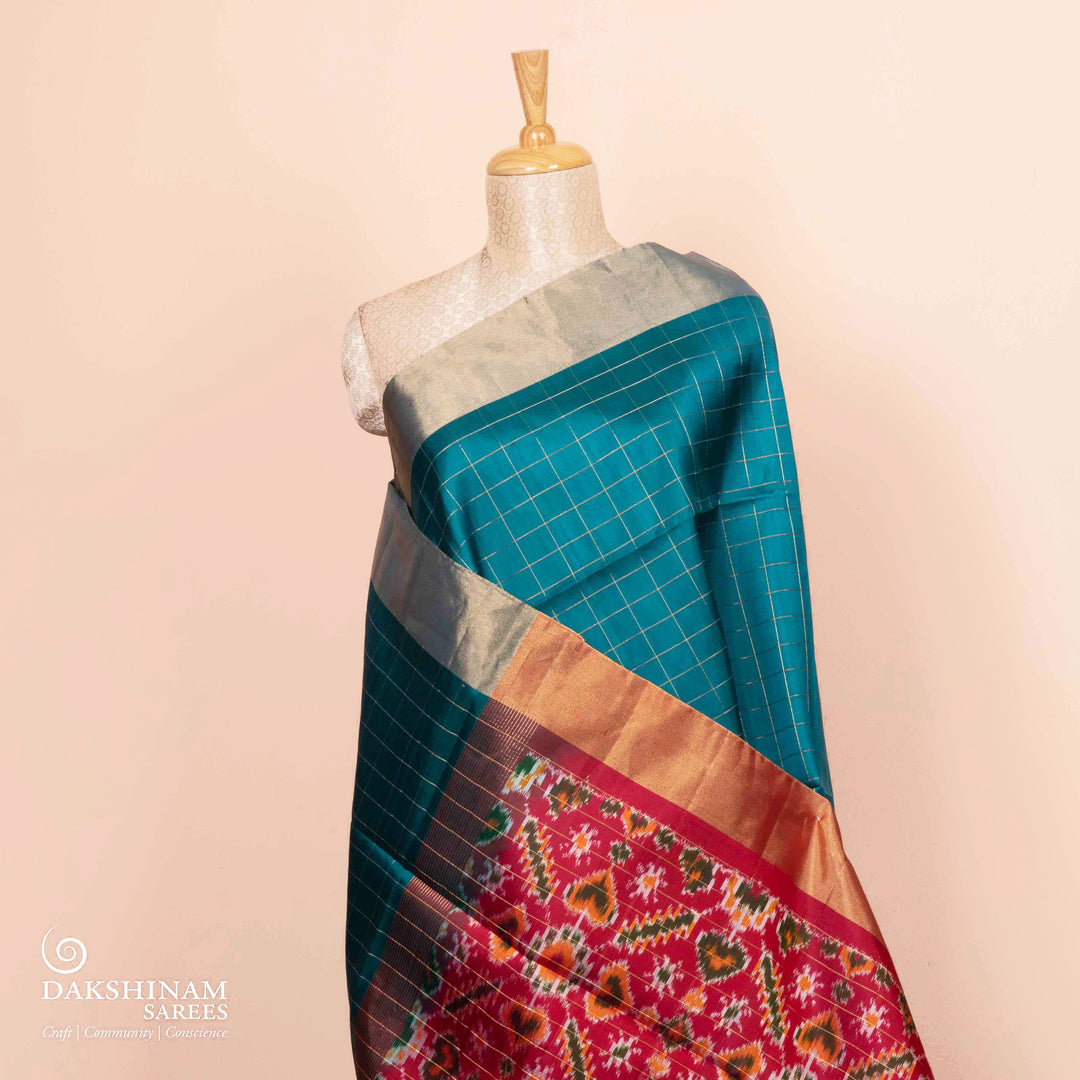 Pleats/body of  Handwoven Ikat Soft Silk Saree