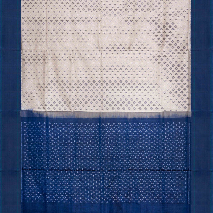 Pallu of Handwoven White with Blue Ikat silk Saree