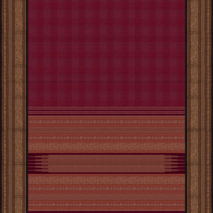 Pallu of Handwoven Wine with Black Kanjivaram Cotton Saree