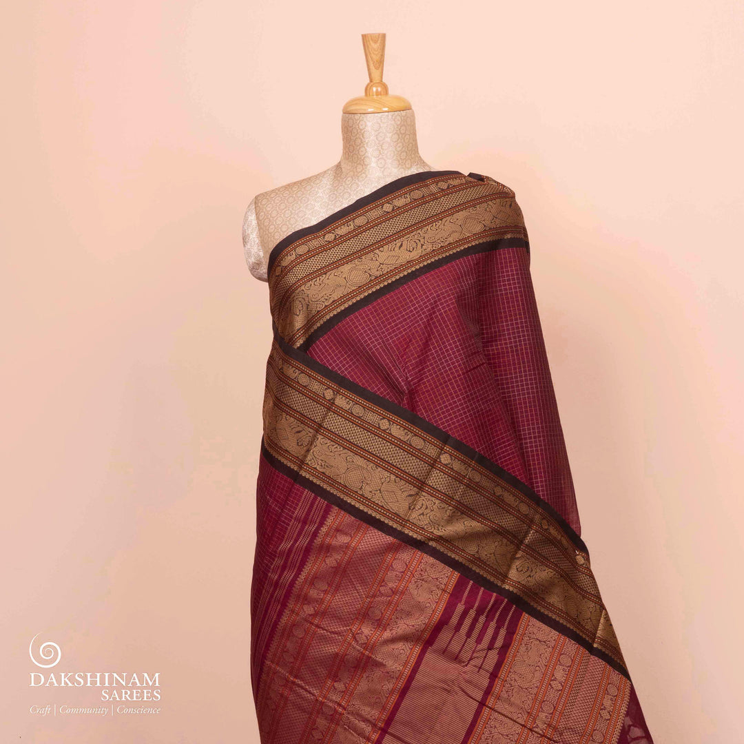 Pleats/body of Handwoven Wine with Black Kanjivaram Cotton Saree