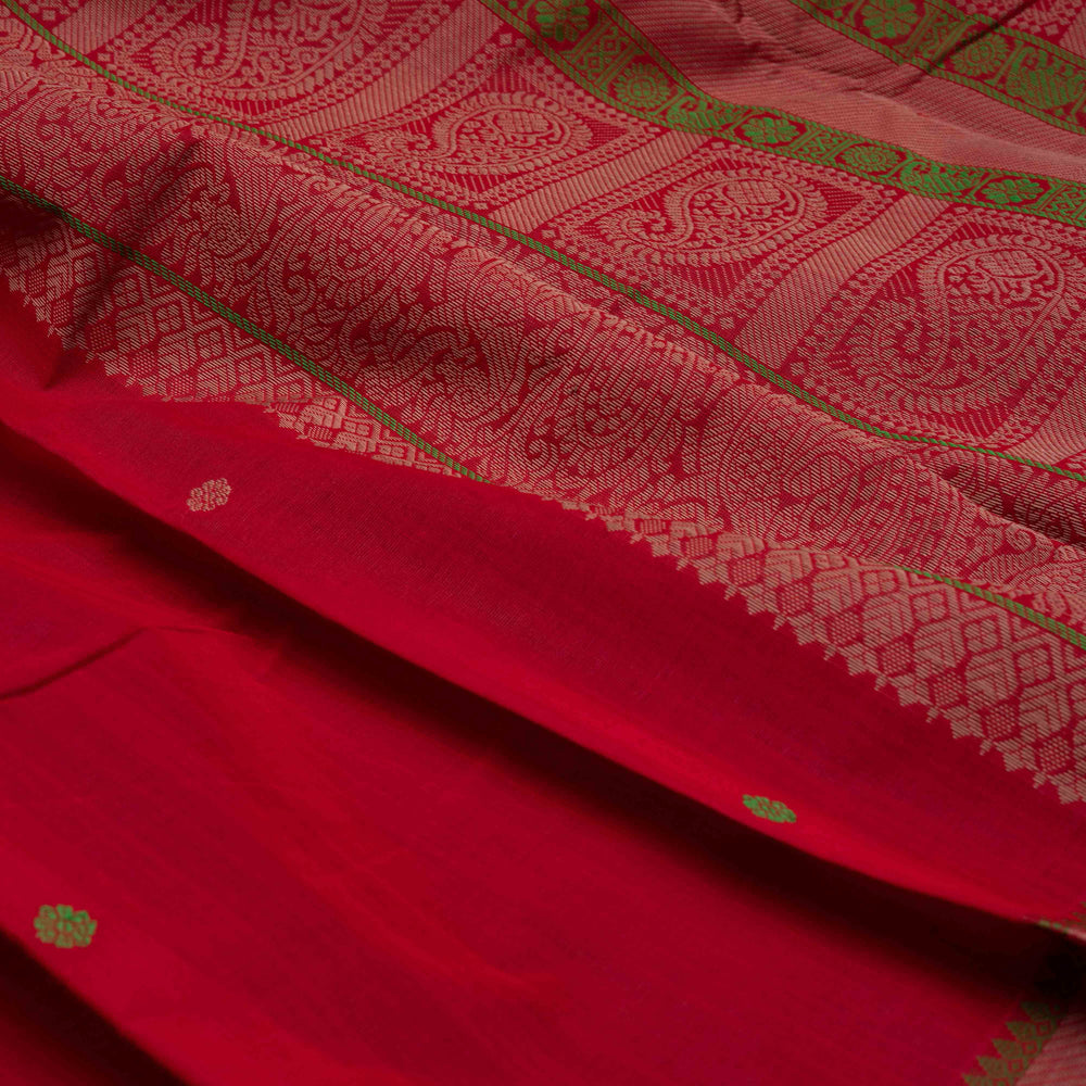Red Kanchi cotton saree with chakram butta, diagonal border and rich traditional pallu with matching blouse