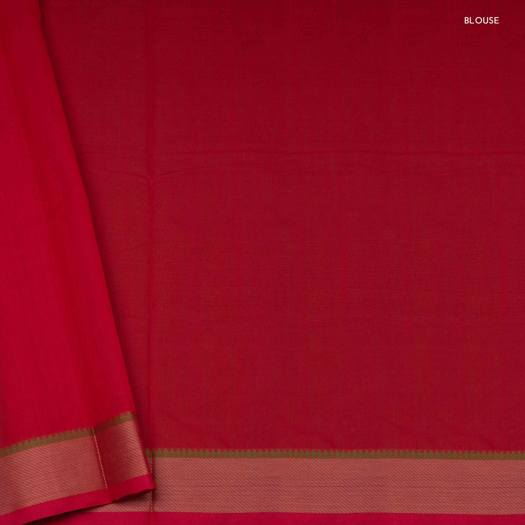 Red Kanchi cotton saree with chakram butta, diagonal border and rich traditional pallu with matching blouse
