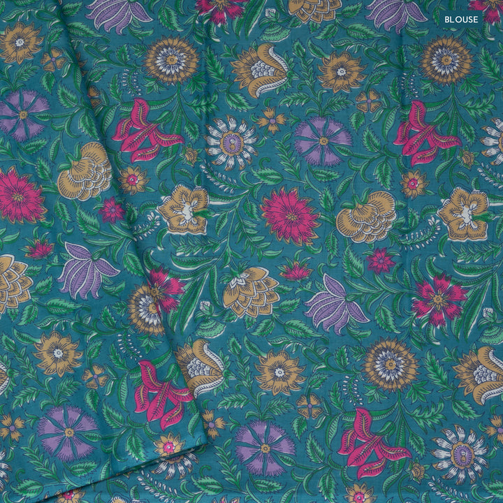 Blouse of Handwoven Green with Ganga Jamuna border Chettinad Cotton Saree