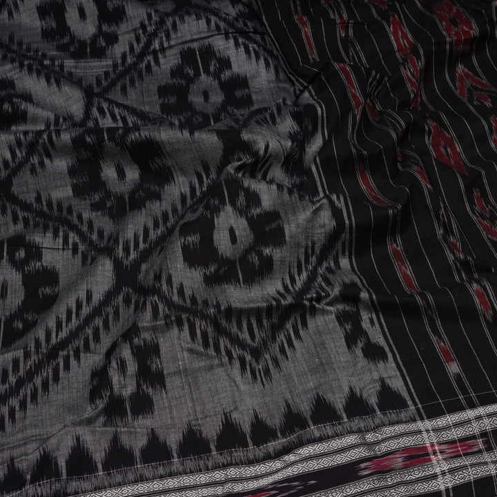Handwoven Grey with Black Ikat Cotton Saree- 3040T015172DSC