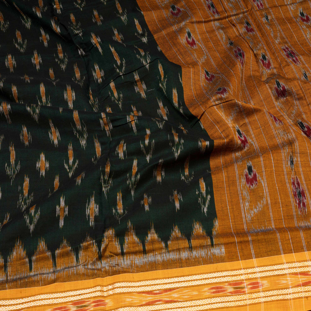 Closeup of Handwoven bottle green ikkat cotton Saree