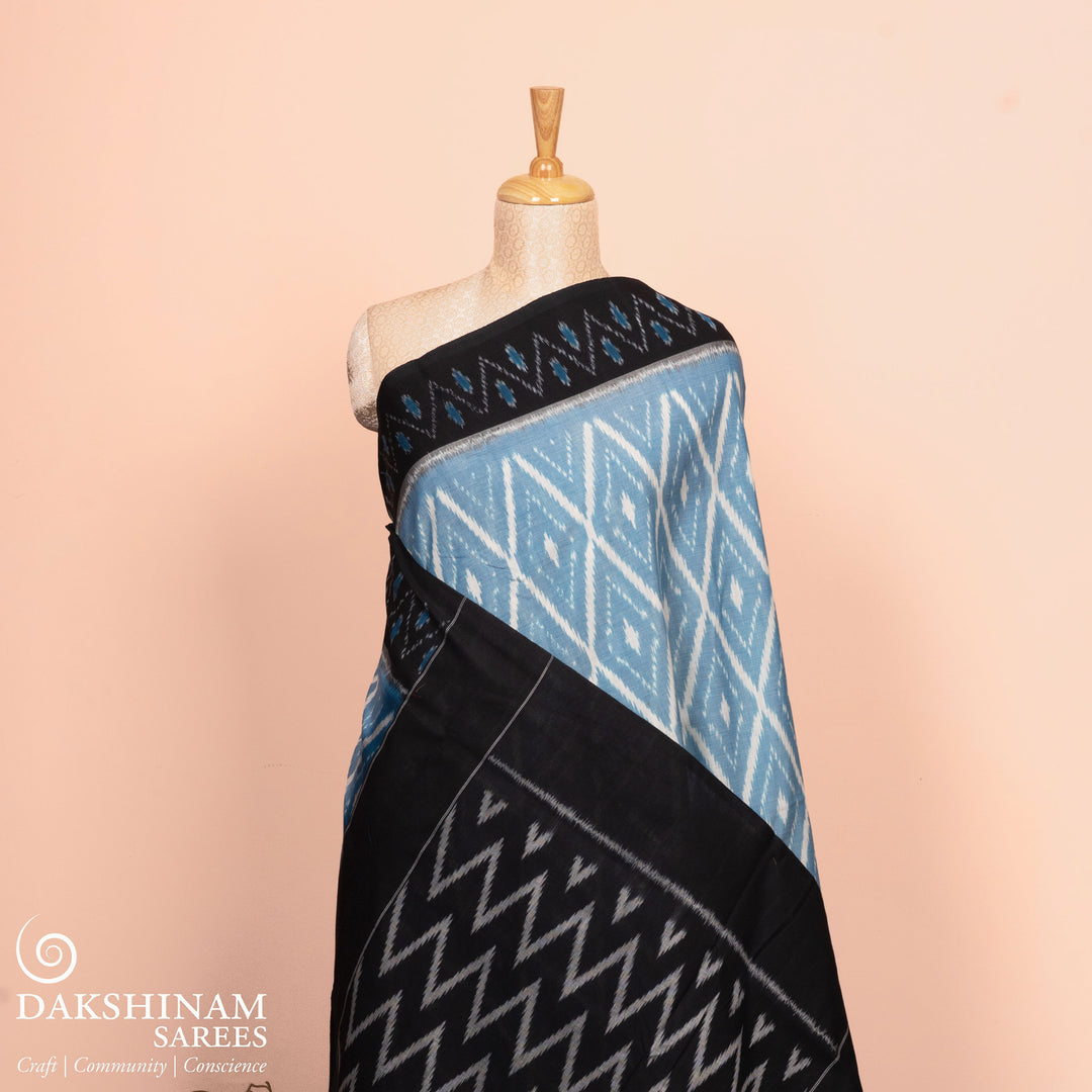 Pleats/body of Handwoven sky blue with black pallu ikkat cotton Saree