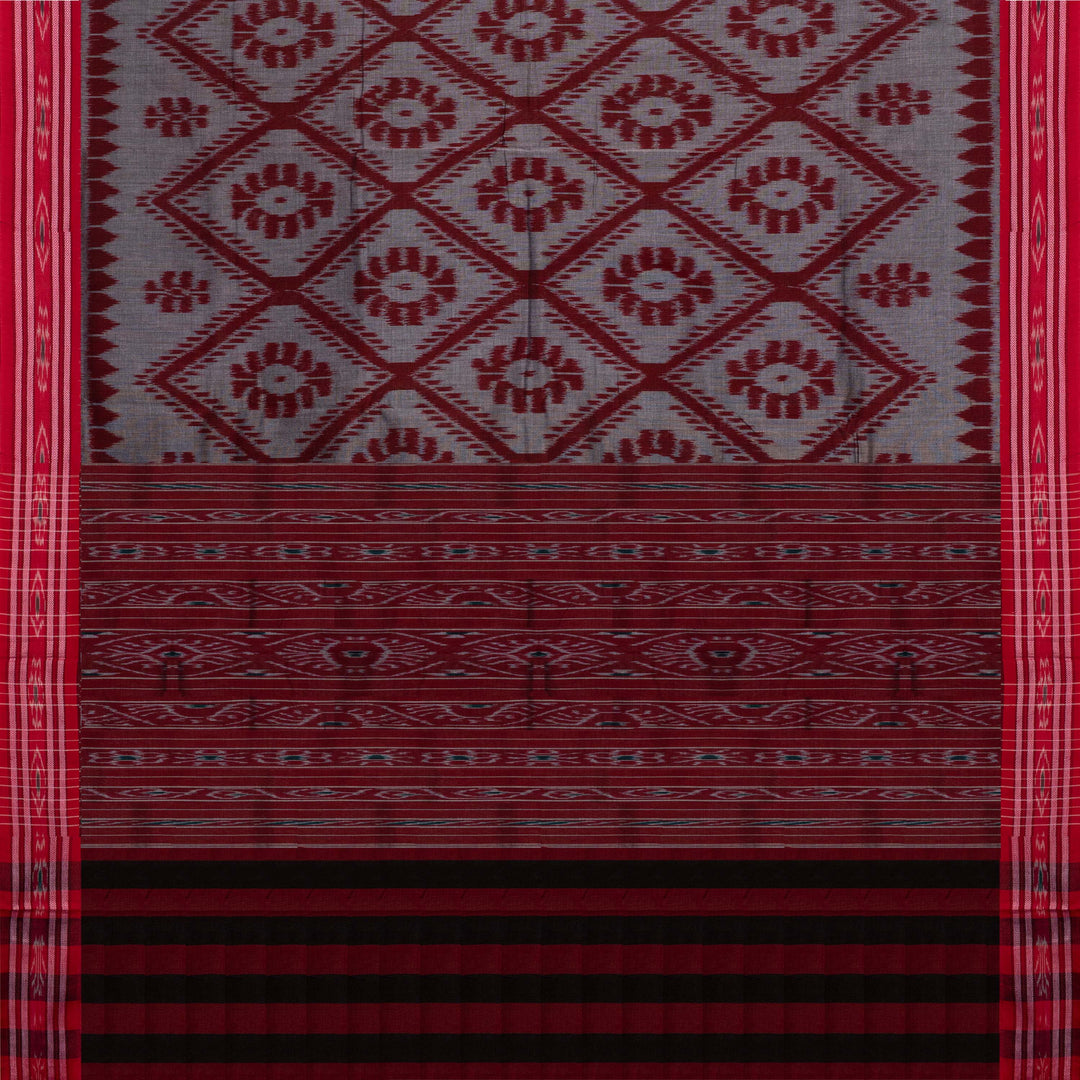 Pallu of Handwoven grey  with maroon pallu ikkat cotton Saree