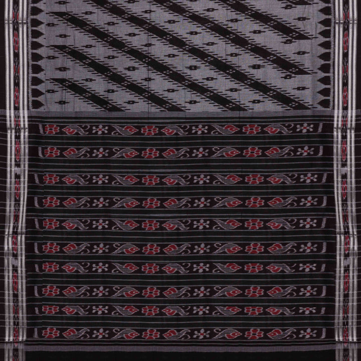 Pallu of Handwoven grey with black Ikat Cotton Saree