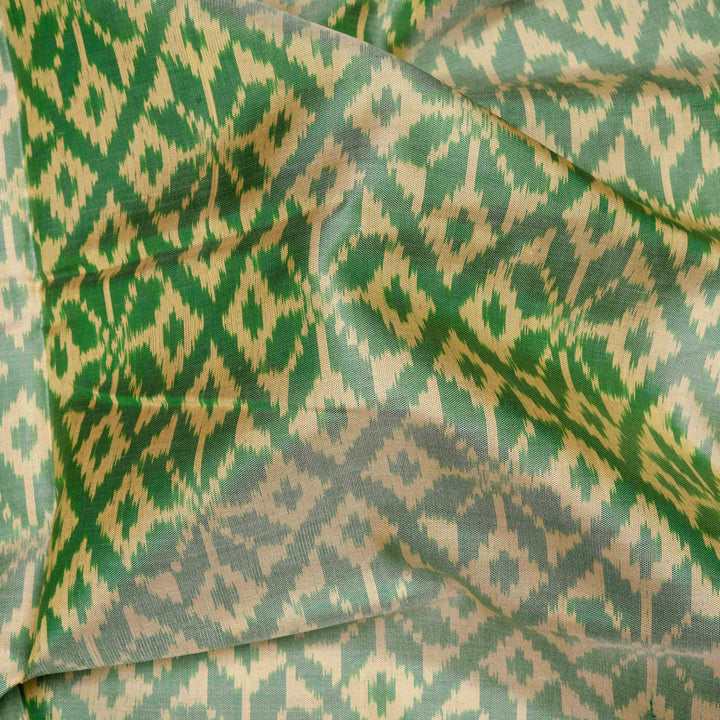 Closeup of Handwoven beige and black Ikkat silk Saree